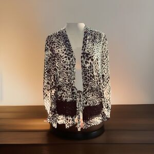 Cartise Animal Leopard Print Black/white Kimono Medium Cover Up W/lace